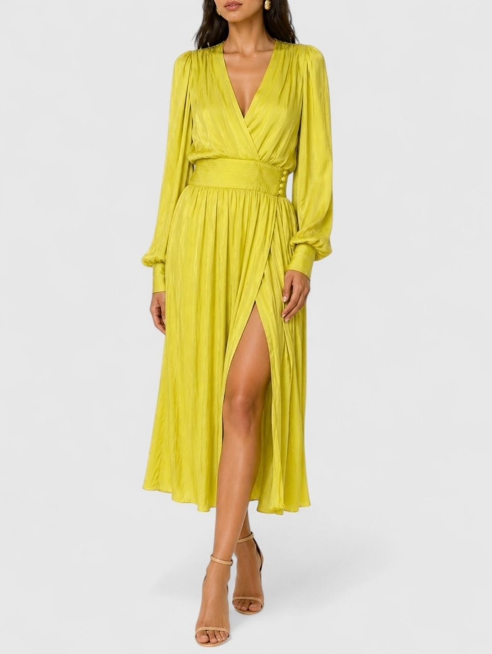Smythe Citron Wrap Midi Dress Long Sleeve Button Waist Drape Size 2